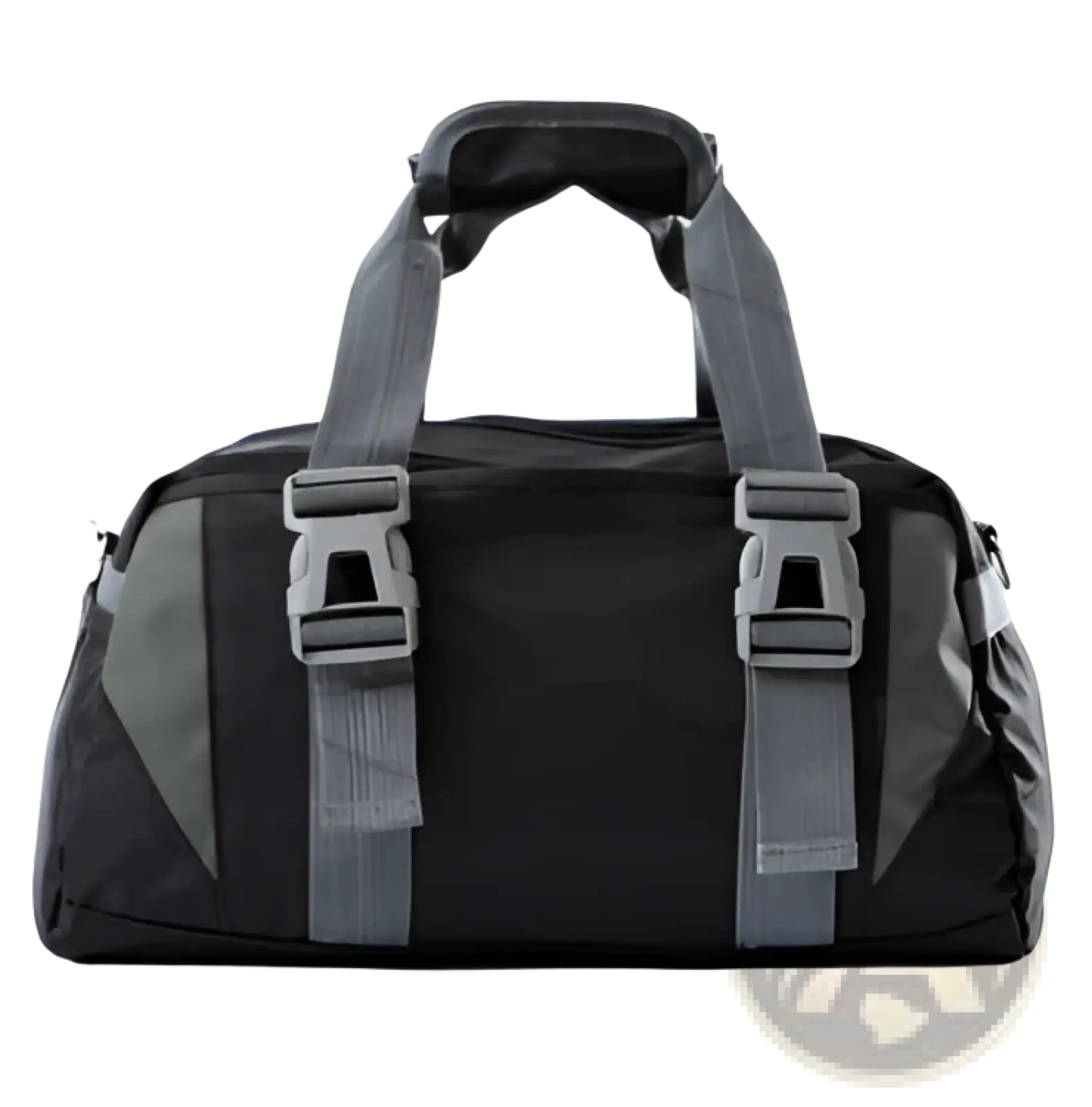 Versatile black and gray athletic duffel bag with reinforced straps and buckle closures for secure carrying