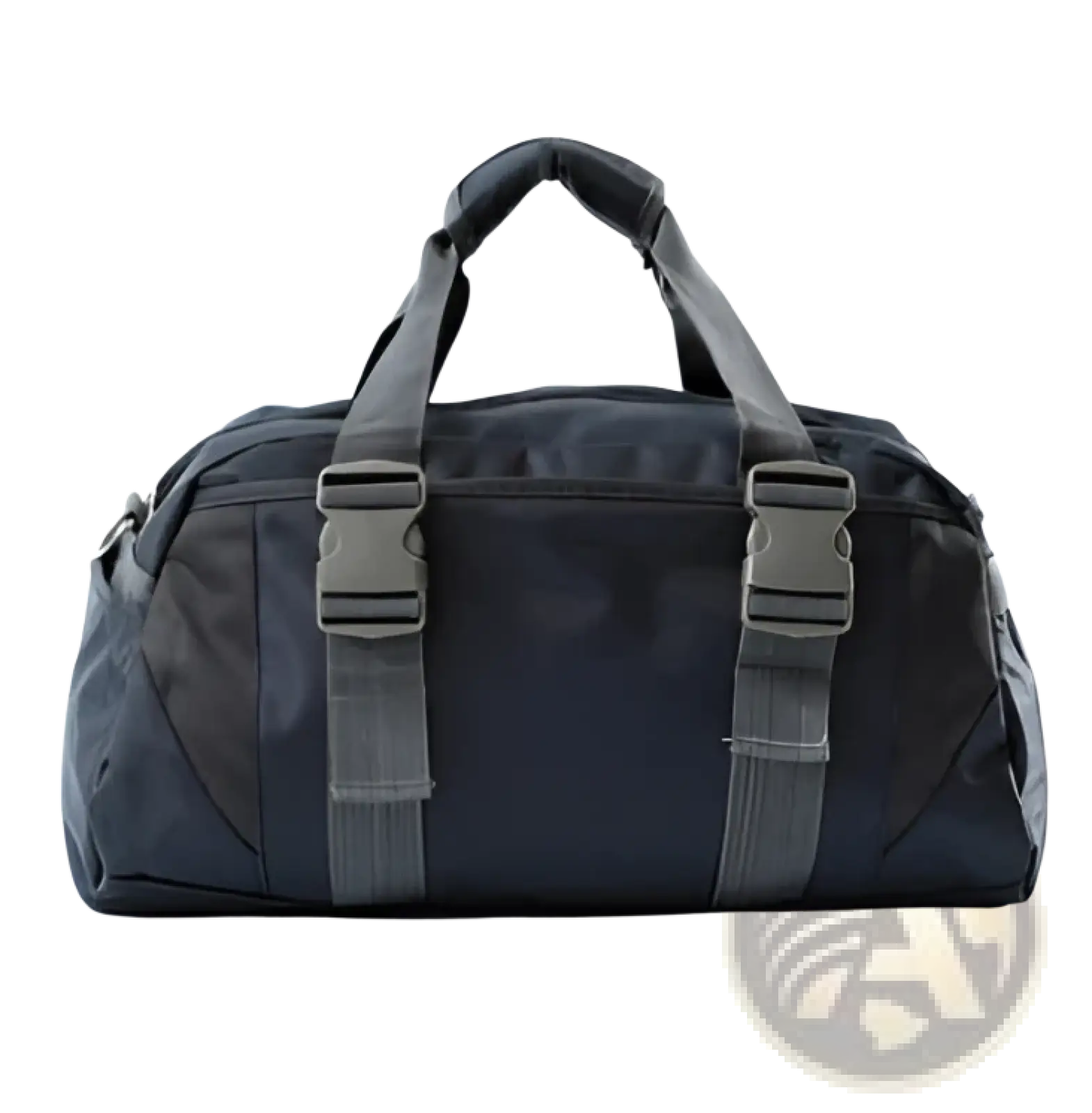 Black versatile athletic duffel bag with gray webbing straps and buckle closures for secure storage