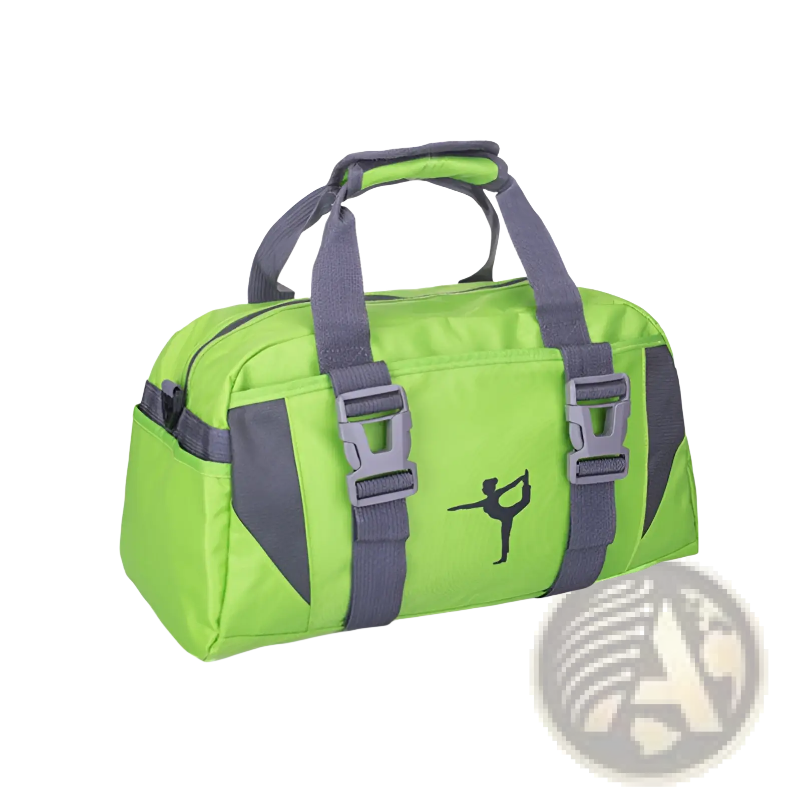 Lime green versatile athletic duffel bag with gray buckle closures and black dancer silhouette on front