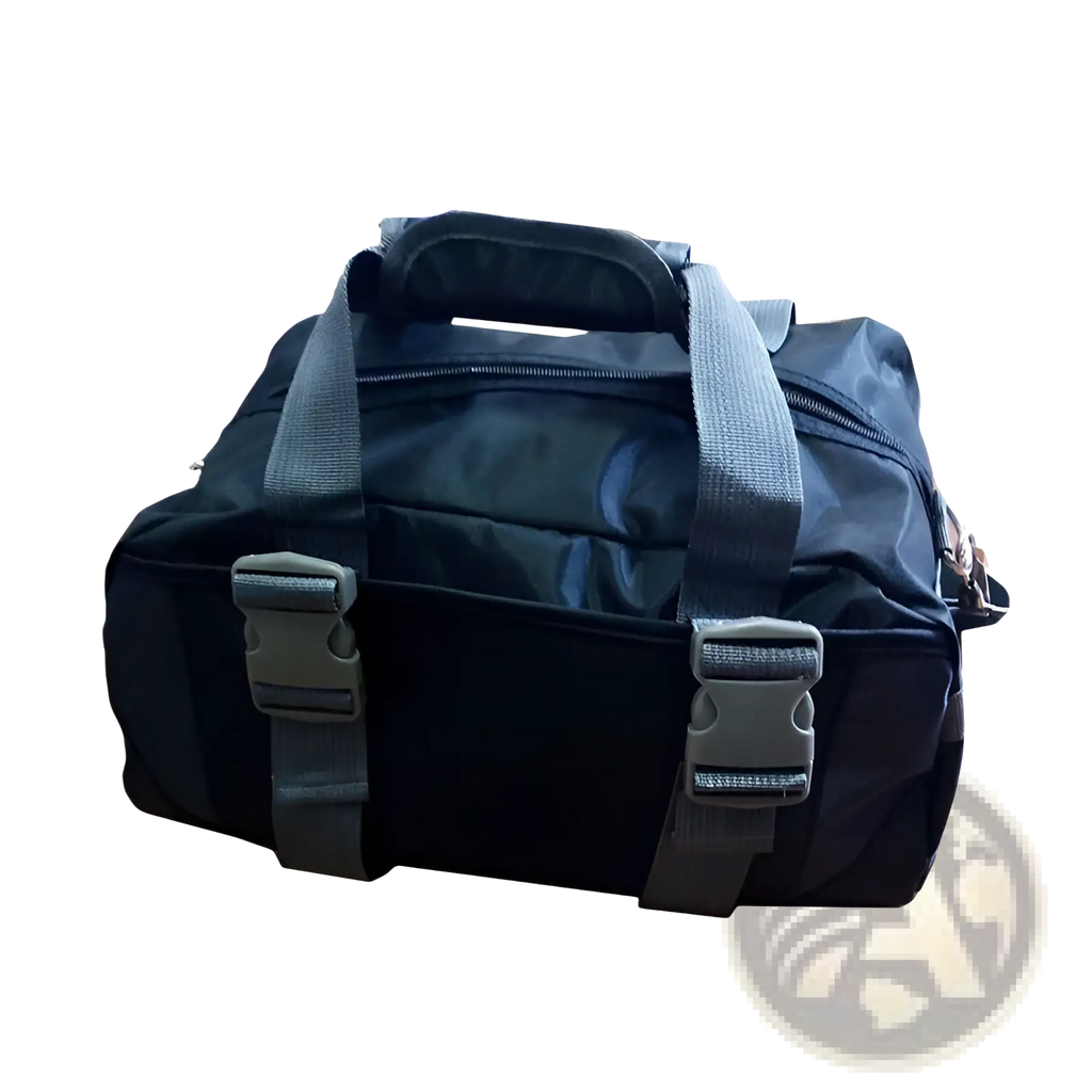 Black nylon versatile athletic duffel bag with gray webbing straps and buckle closures for secure carrying