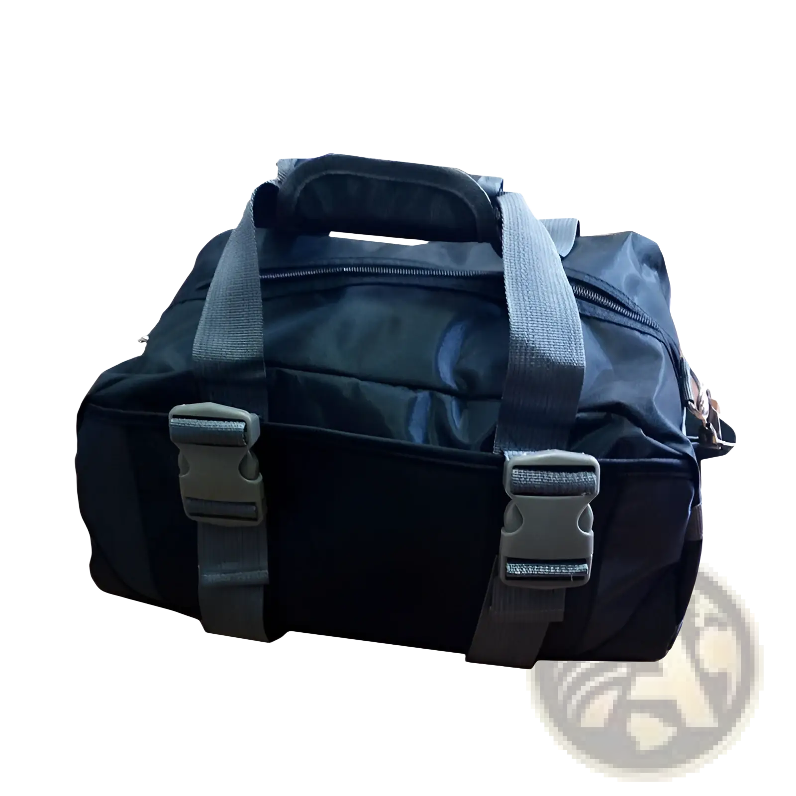 Black nylon versatile athletic duffel bag with gray webbing straps and buckle closures for secure carrying