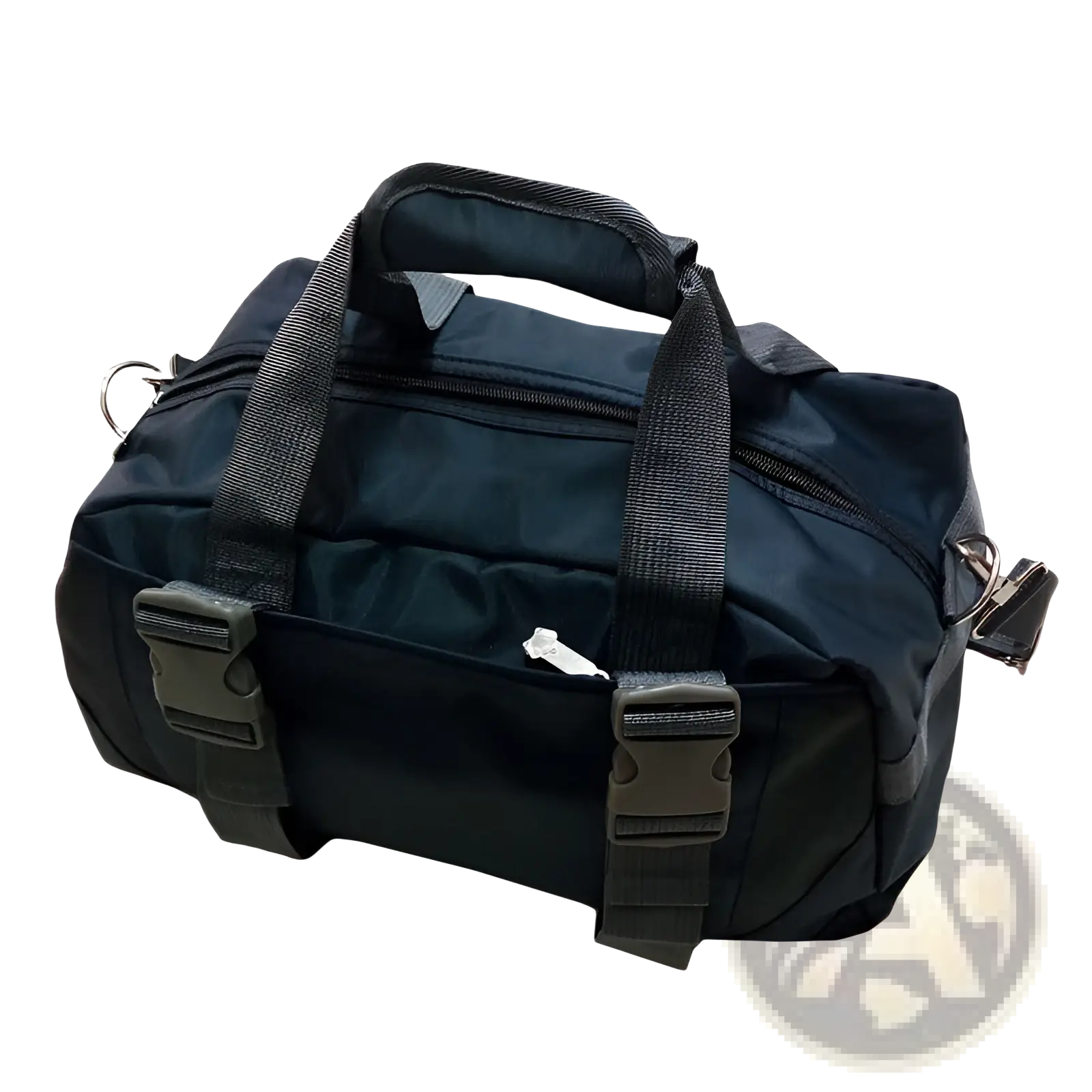 Black nylon versatile athletic duffel bag with reinforced handles and adjustable webbing straps with buckle closures