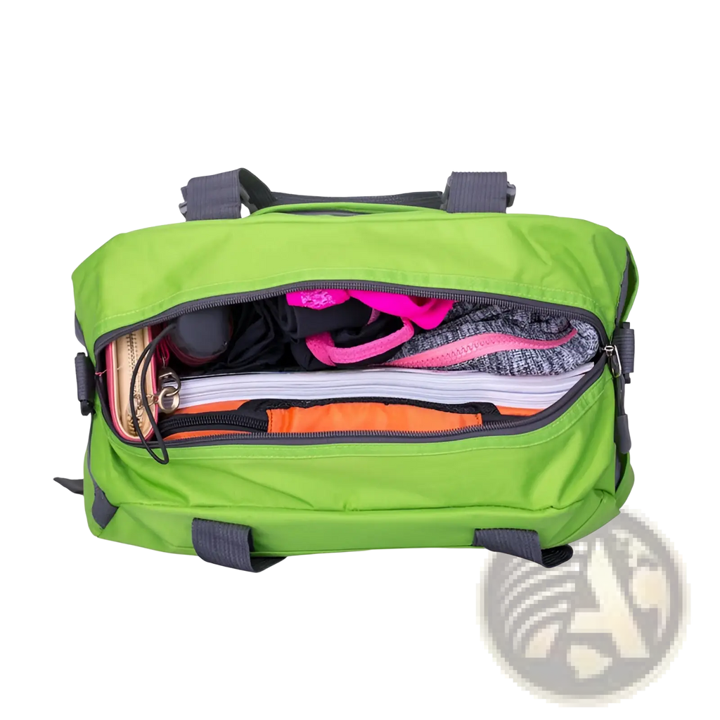 Bright green versatile athletic duffel bag with buckle closures gray straps and black zippers filled with colorful clothing items