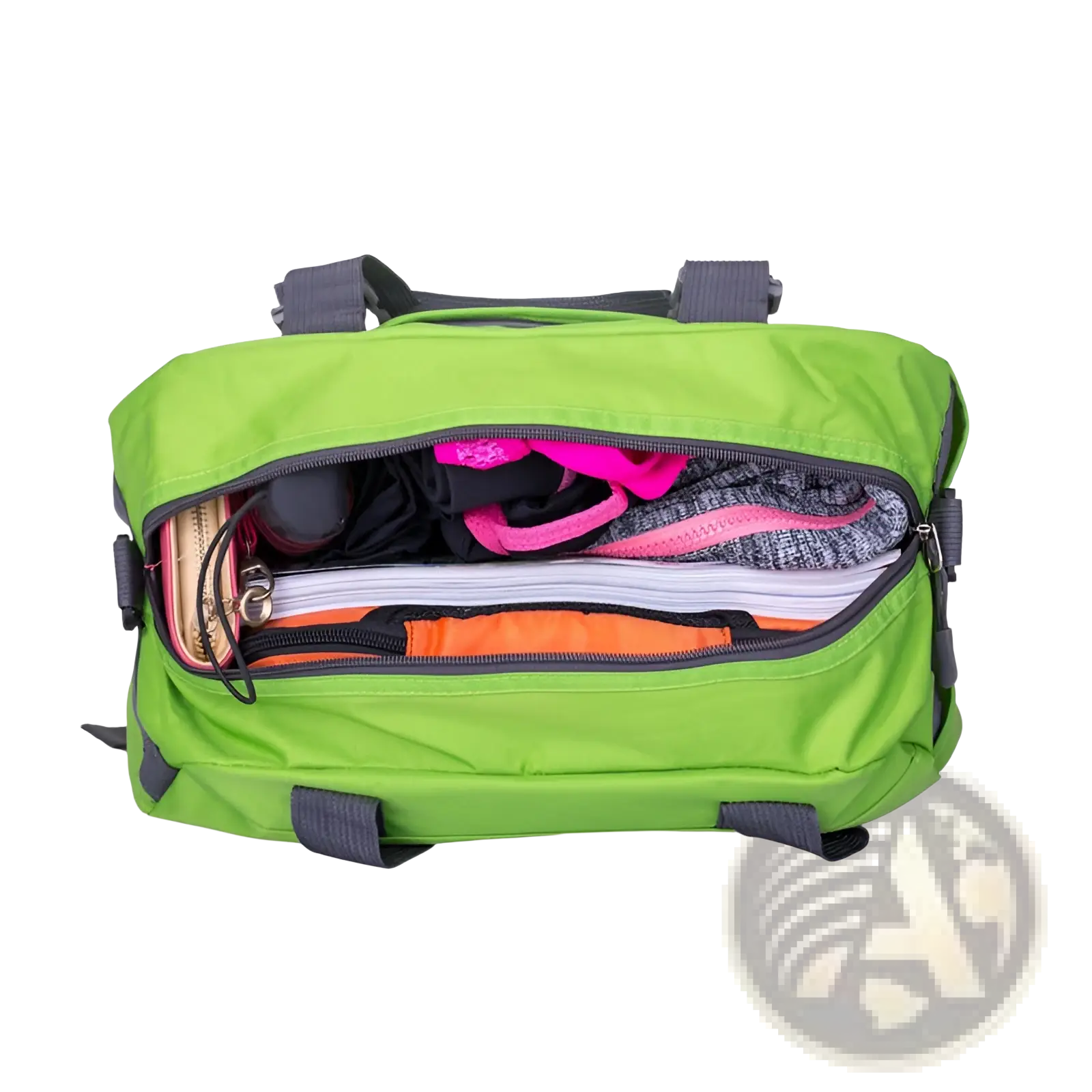 Bright green versatile athletic duffel bag with buckle closures gray straps and black zippers filled with colorful clothing items