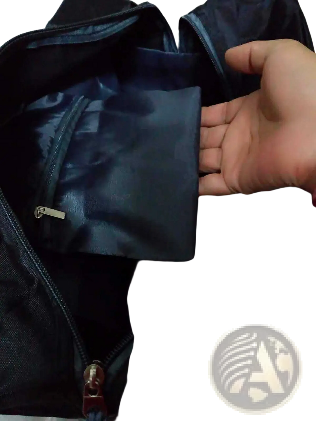 Versatile athletic duffel bag in dark navy blue lightweight nylon with silver zipper and small zippered compartment