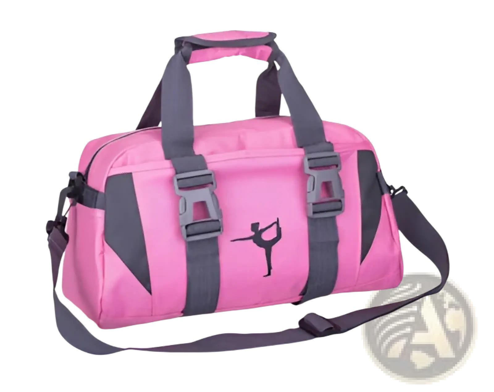 Versatile athletic pink duffel bag with black buckle strap closures and dancer silhouette on the front