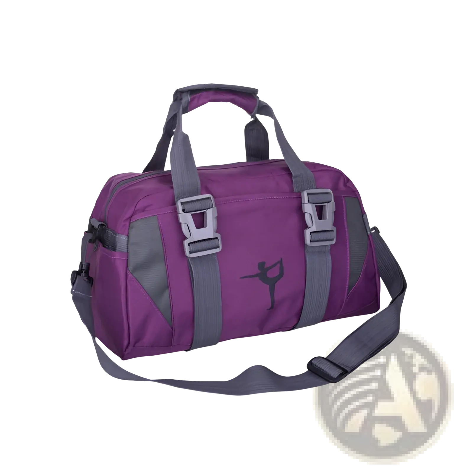 Versatile purple and gray athletic duffel bag with buckle closures featuring a black dancer silhouette logo