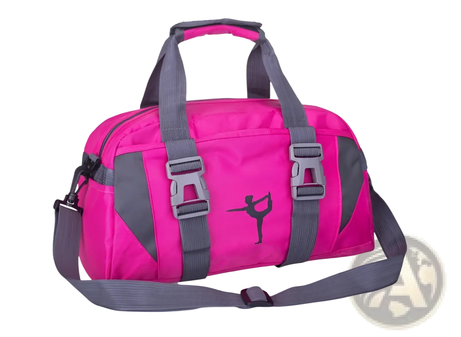 Versatile athletic duffel bag in vibrant pink and gray with adjustable straps and a dancer silhouette on the front