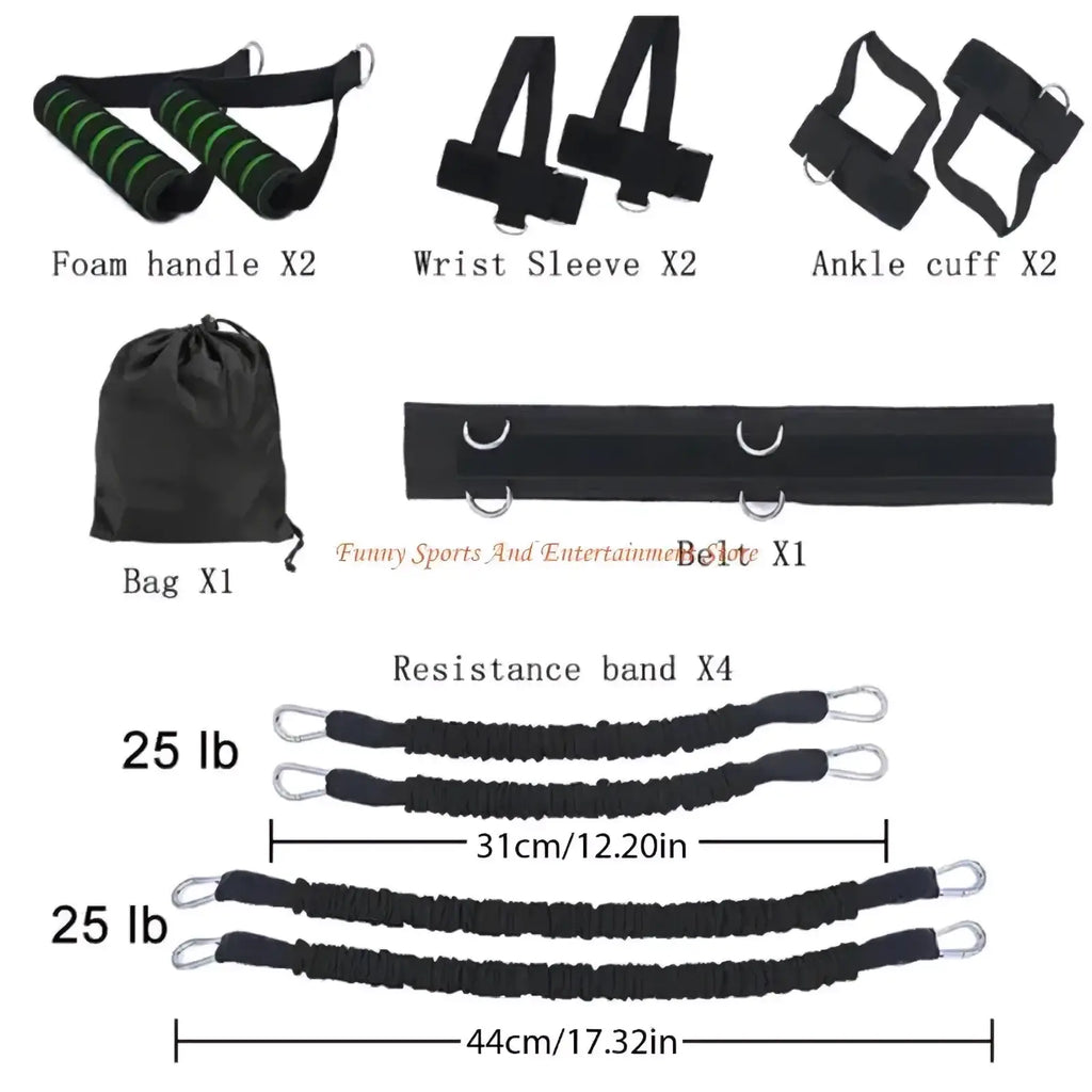 Vertical jump resistance band training set with black latex bands and silver metal hooks in two 25 lb lengths