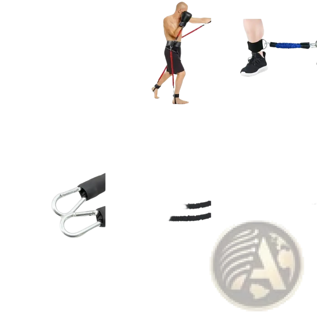 Black elastic resistance bands with metal carabiners and foam handles for vertical jump resistance band training set