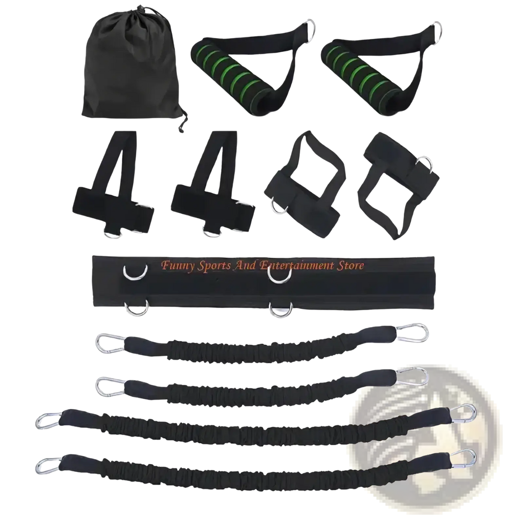 Black resistance band training set with green striped handles and adjustable straps for vertical jump exercises