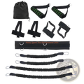 Black resistance band training set with green striped handles and adjustable straps for vertical jump exercises