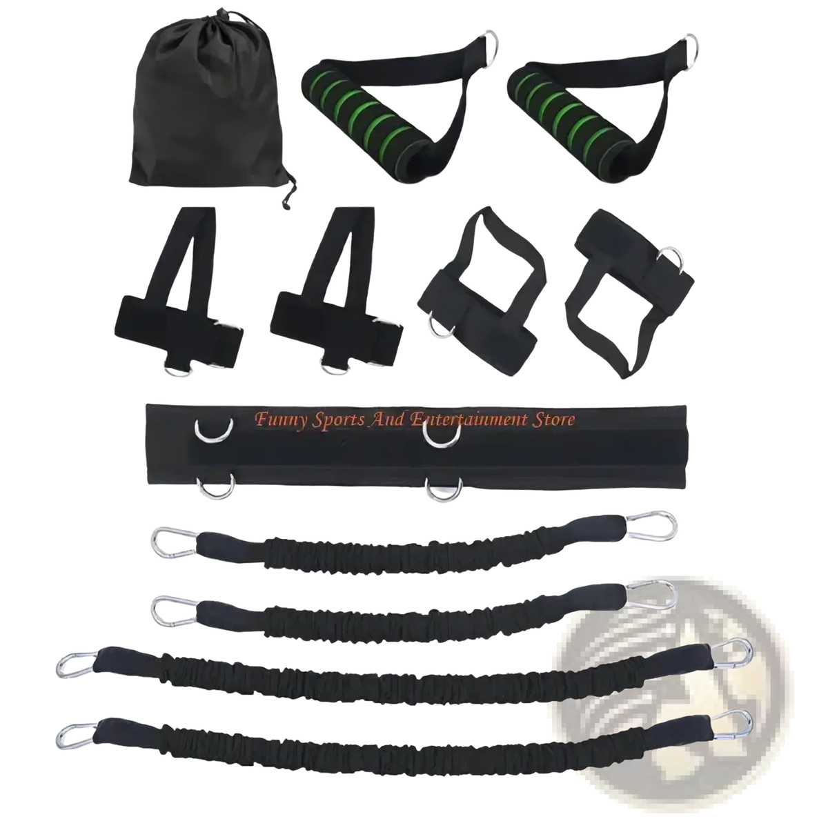 Black resistance band training set with green striped handles and adjustable straps for vertical jump exercises