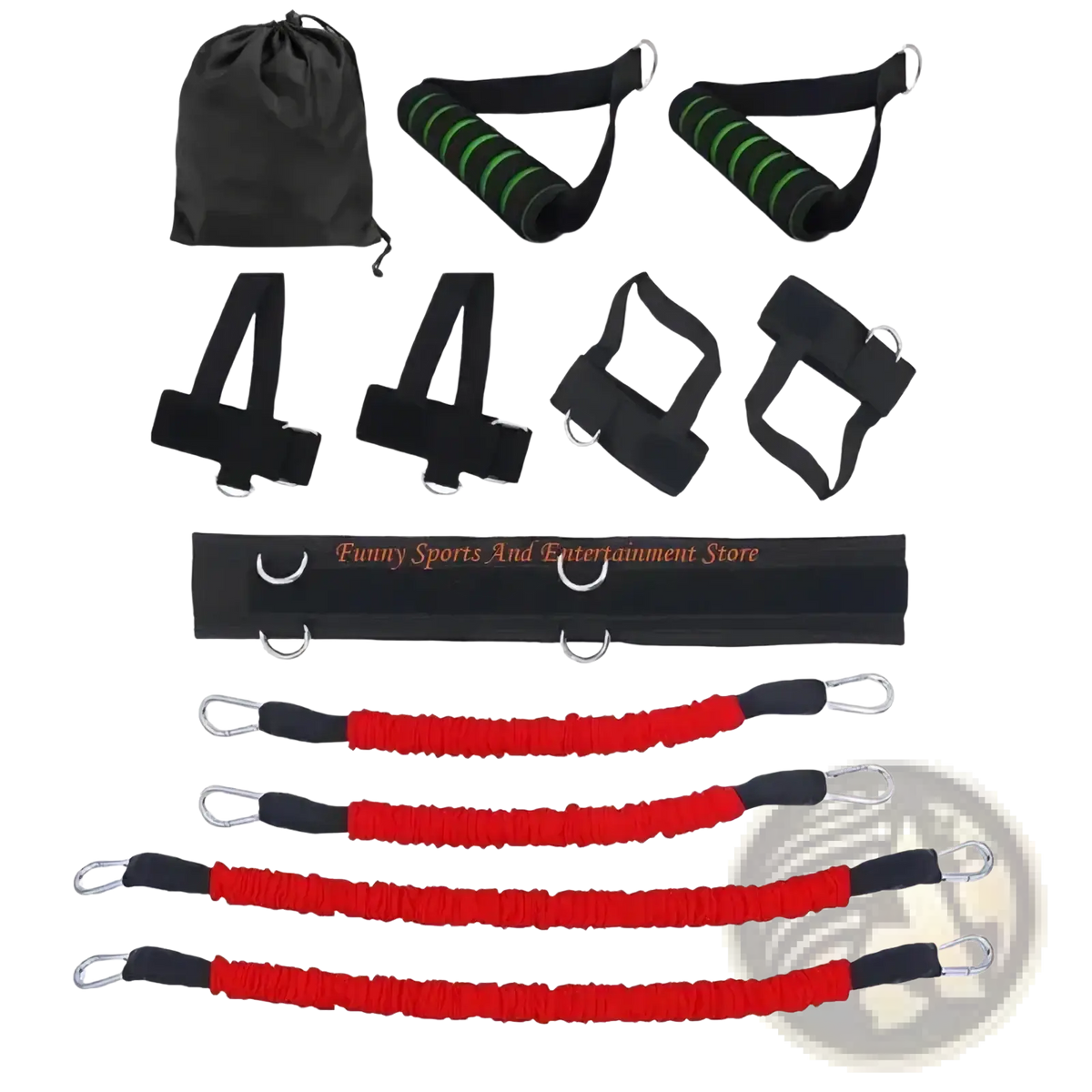 Vertical jump resistance band training set with black and red bands and green-striped handles for athletic conditioning