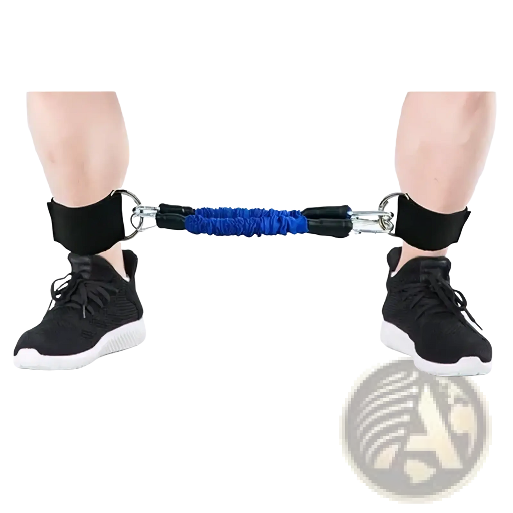 Blue resistance band ankle cuff with black adjustable straps and metal d-rings for vertical jump training set