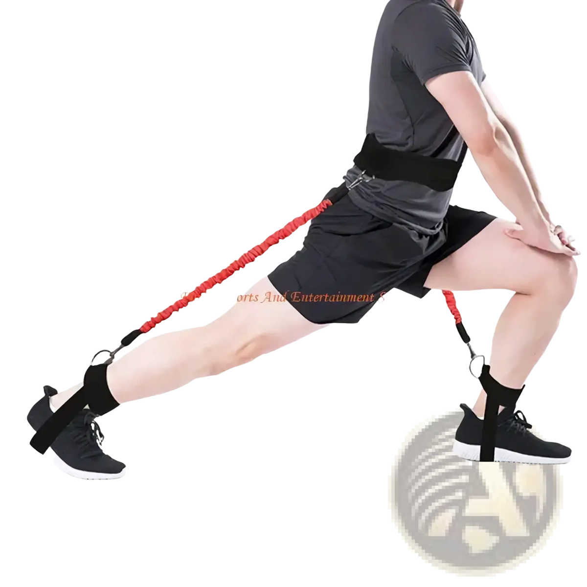 Red elastic resistance band with black adjustable straps and metal hooks worn for vertical jump resistance training