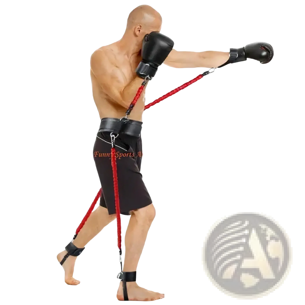 Red resistance band boxing trainer with black adjustable straps and buckles for vertical jump resistance band training set