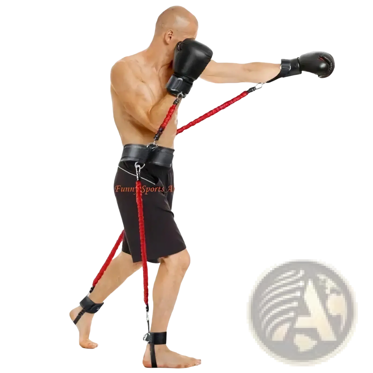 Red resistance band boxing trainer with black adjustable straps and buckles for vertical jump resistance band training set
