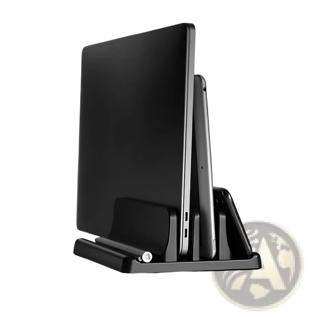 Black 4-in-1 multi-device vertical laptop stand with two slots for holding laptop and tablet upright on desk