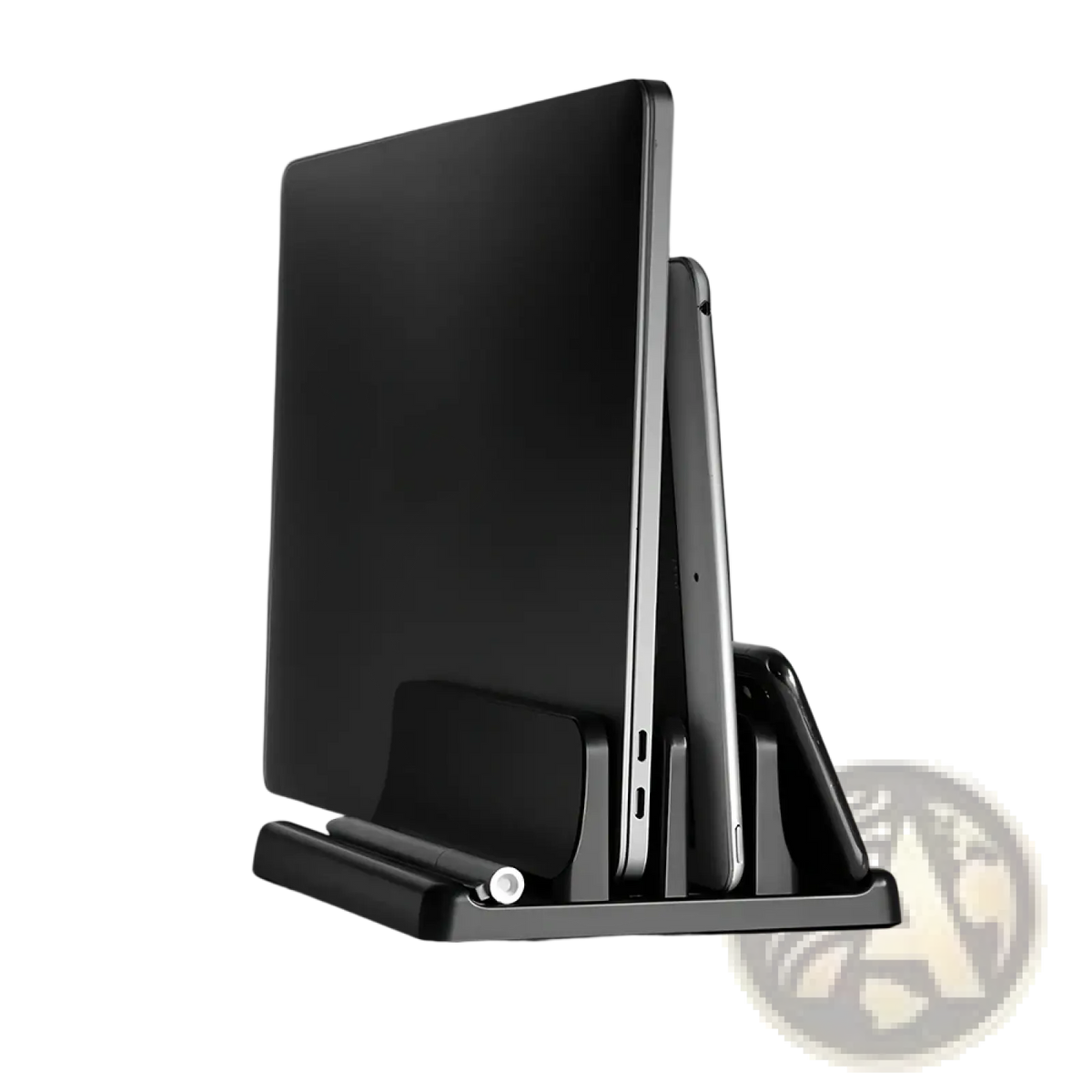 Black 4-in-1 multi-device vertical laptop stand with two slots for holding laptop and tablet upright on desk