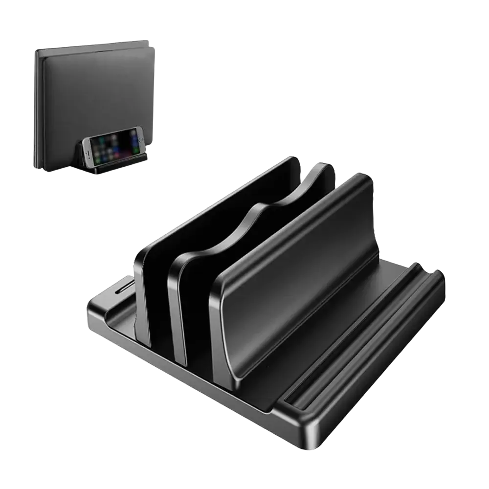 Black double-opening vertical laptop stand with adjustable abs design for desktop organization and space saving