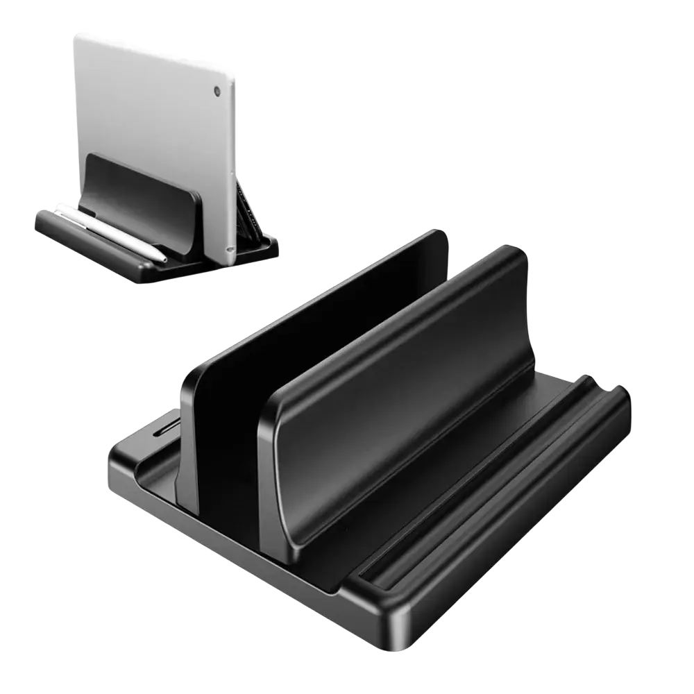 Black plastic vertical laptop stand with single opening adjustable design for abs desktop organization