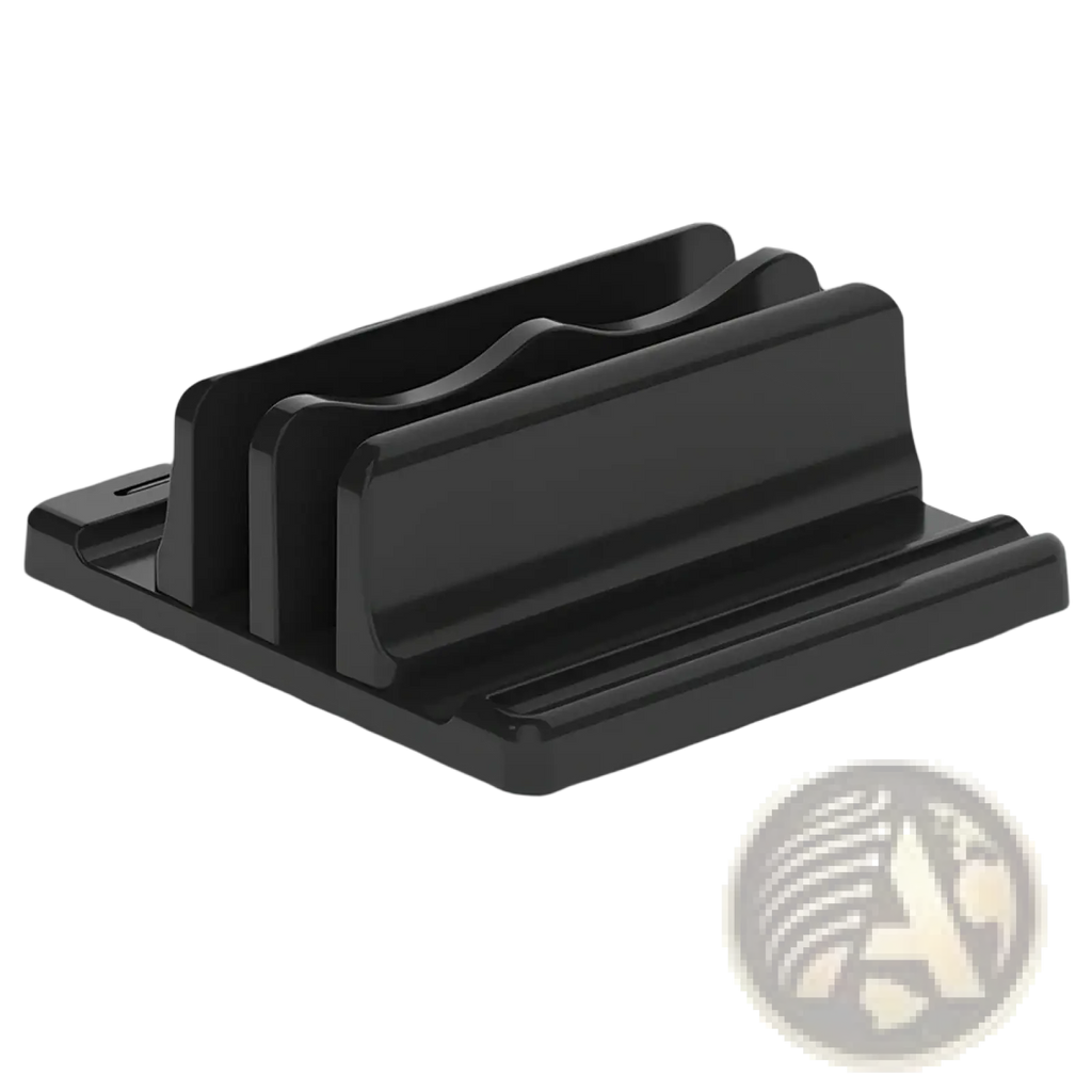 Black plastic vertical laptop stand with adjustable width and silicone protection for desktop organization
