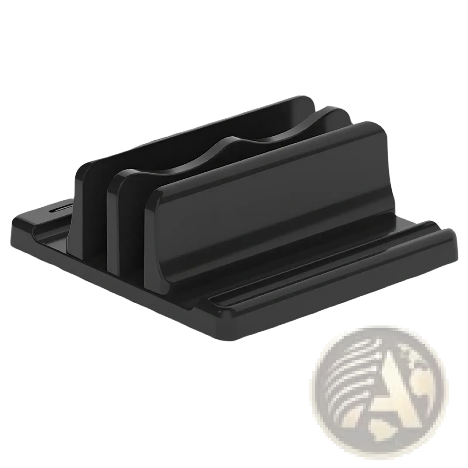 Black plastic vertical laptop stand with adjustable width and silicone protection for desktop organization