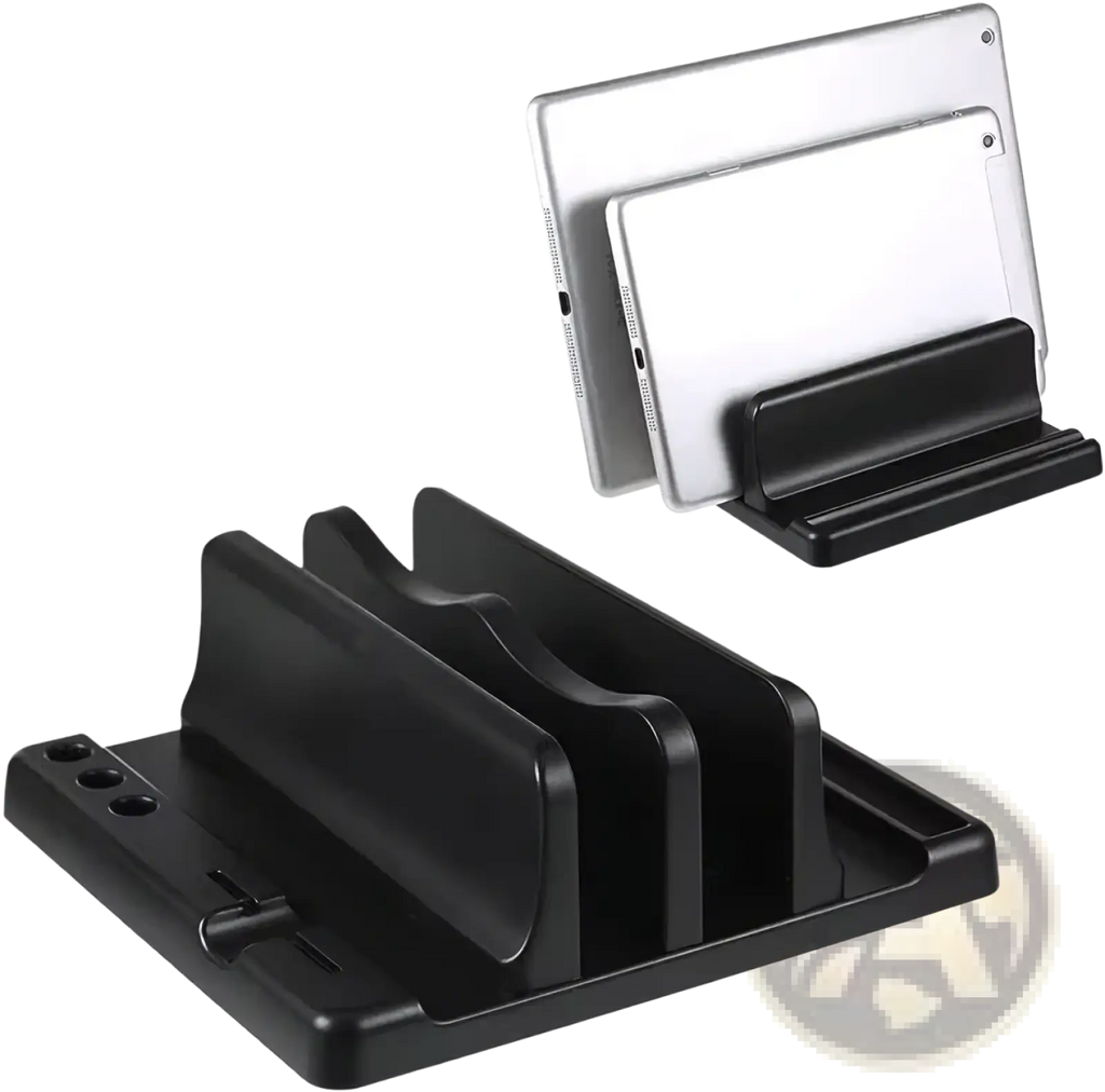 Black plastic vertical laptop stand with three adjustable slots for devices abs desktop organizer design