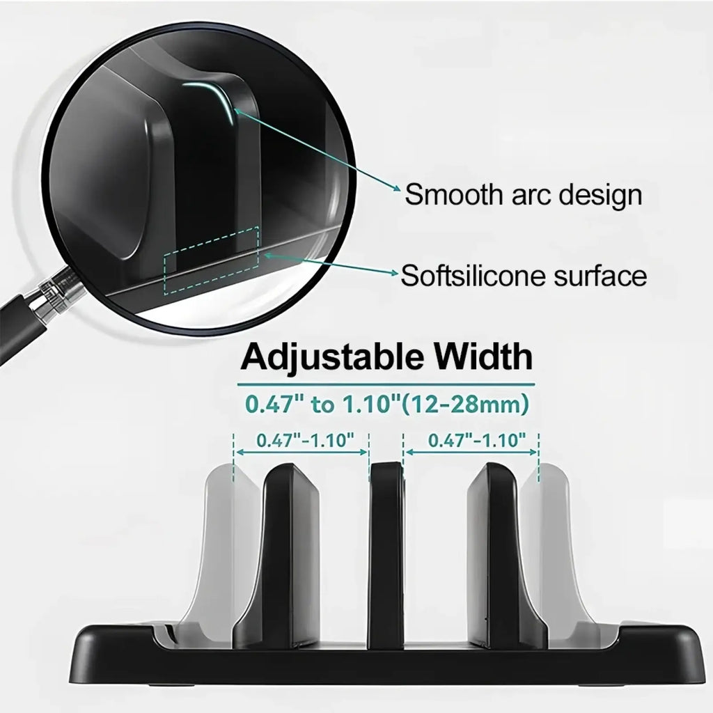 Black soft silicone vertical laptop stand with smooth arc design and adjustable width for desktop organization