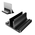Black plastic vertical laptop stand with adjustable width and single opening design for desktop organization