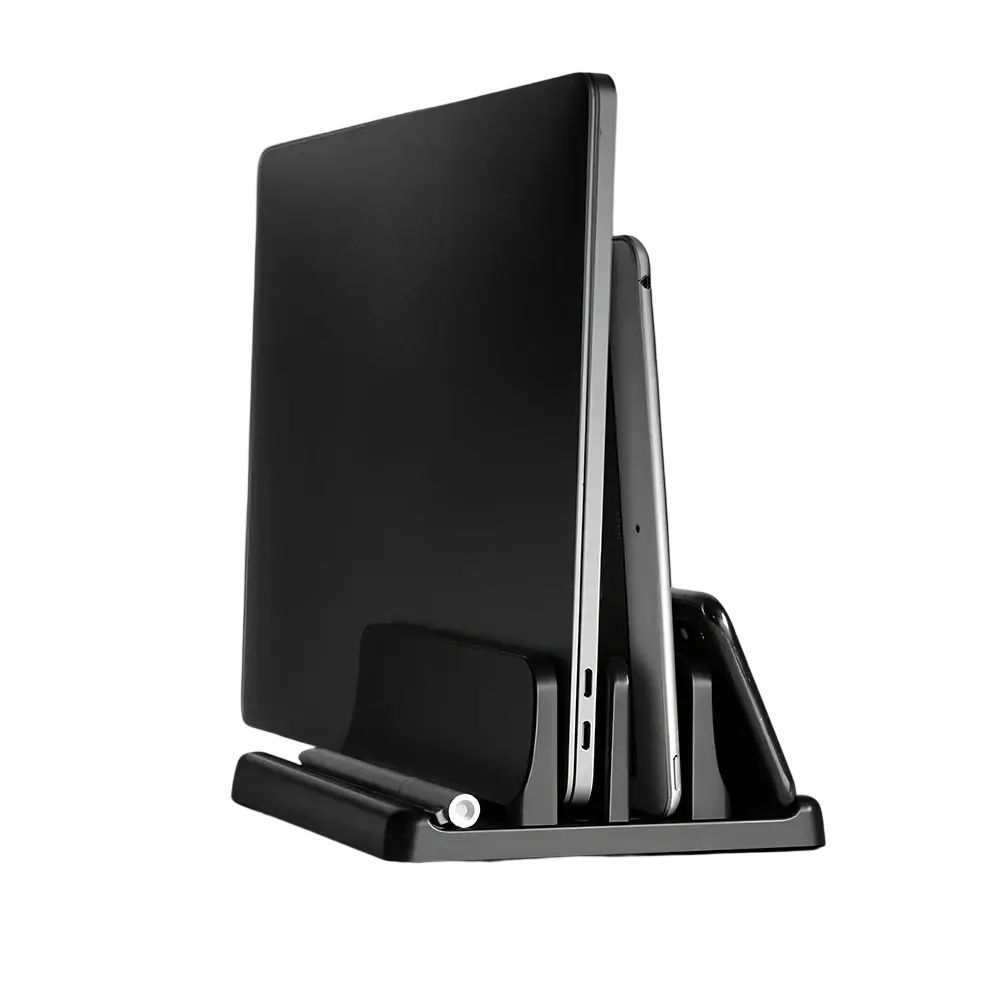 Black 4-in-1 adjustable vertical laptop stand with two slots for laptop and tablet featuring adjustable width design