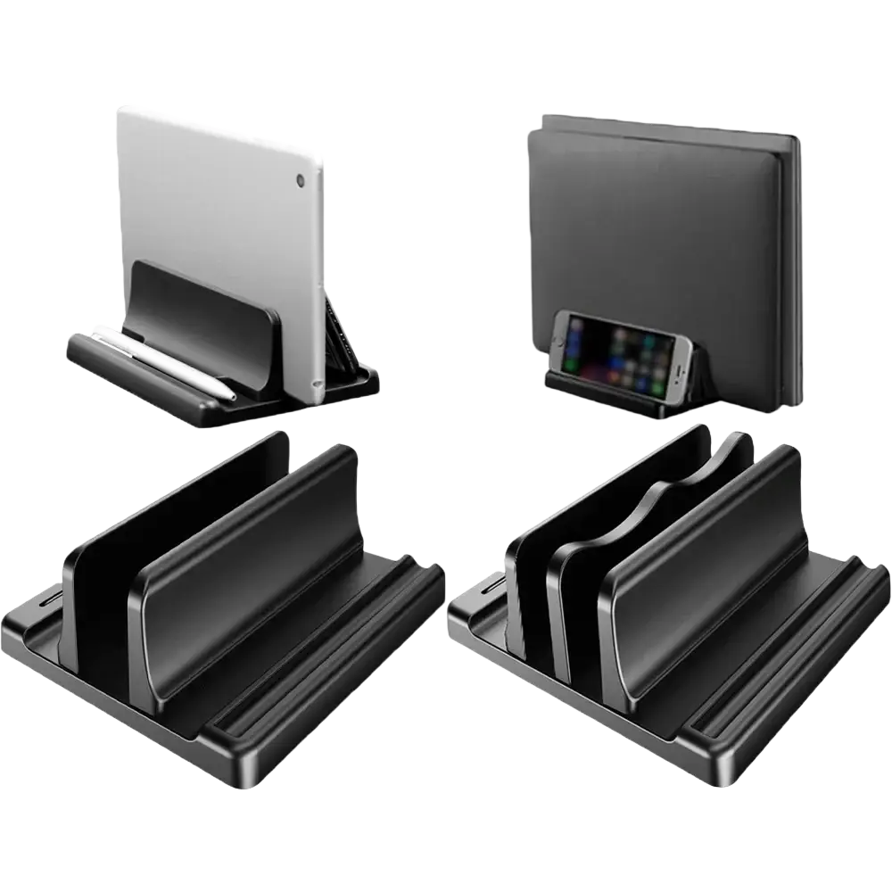 Black plastic adjustable vertical laptop stand with multiple slots for phone and tablet on desktop organizer