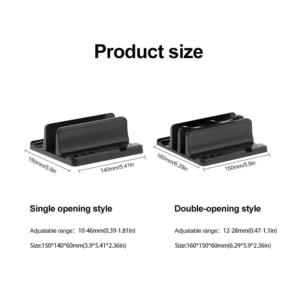 Black plastic vertical laptop stand with adjustable width and sleek minimalist desk organizer design in two sizes