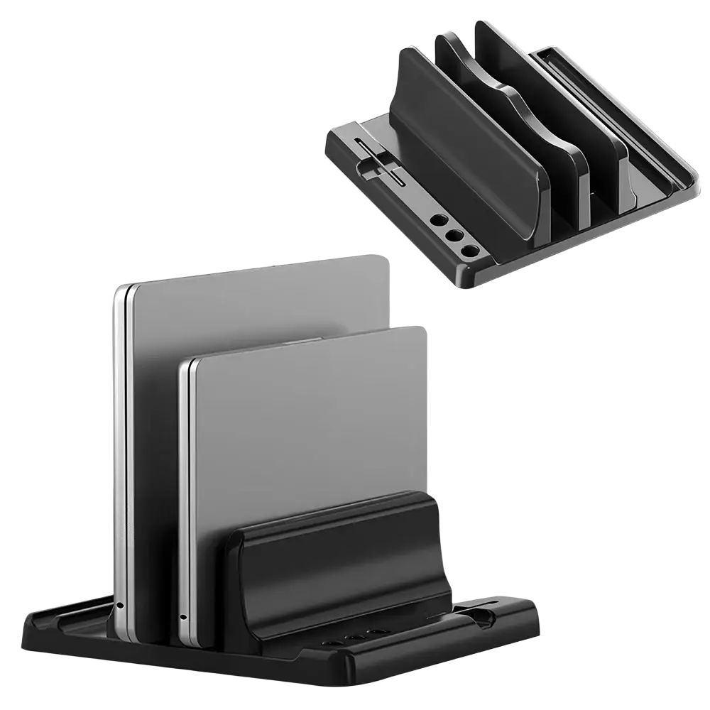 Black abs material vertical laptop stand with adjustable width and three slots for organizing multiple devices