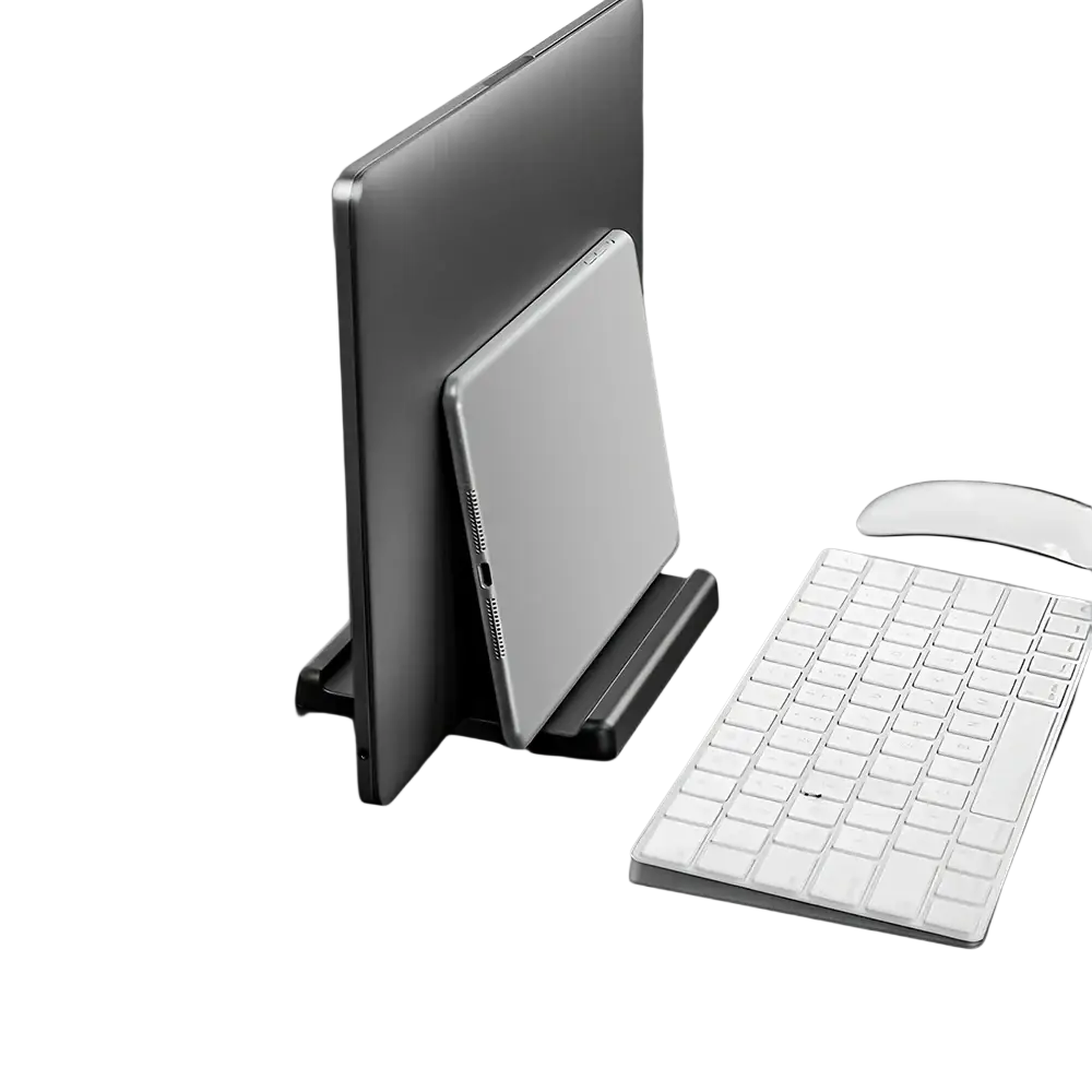 Black metal adjustable vertical laptop stand with adjustable width for desktop organization and device support