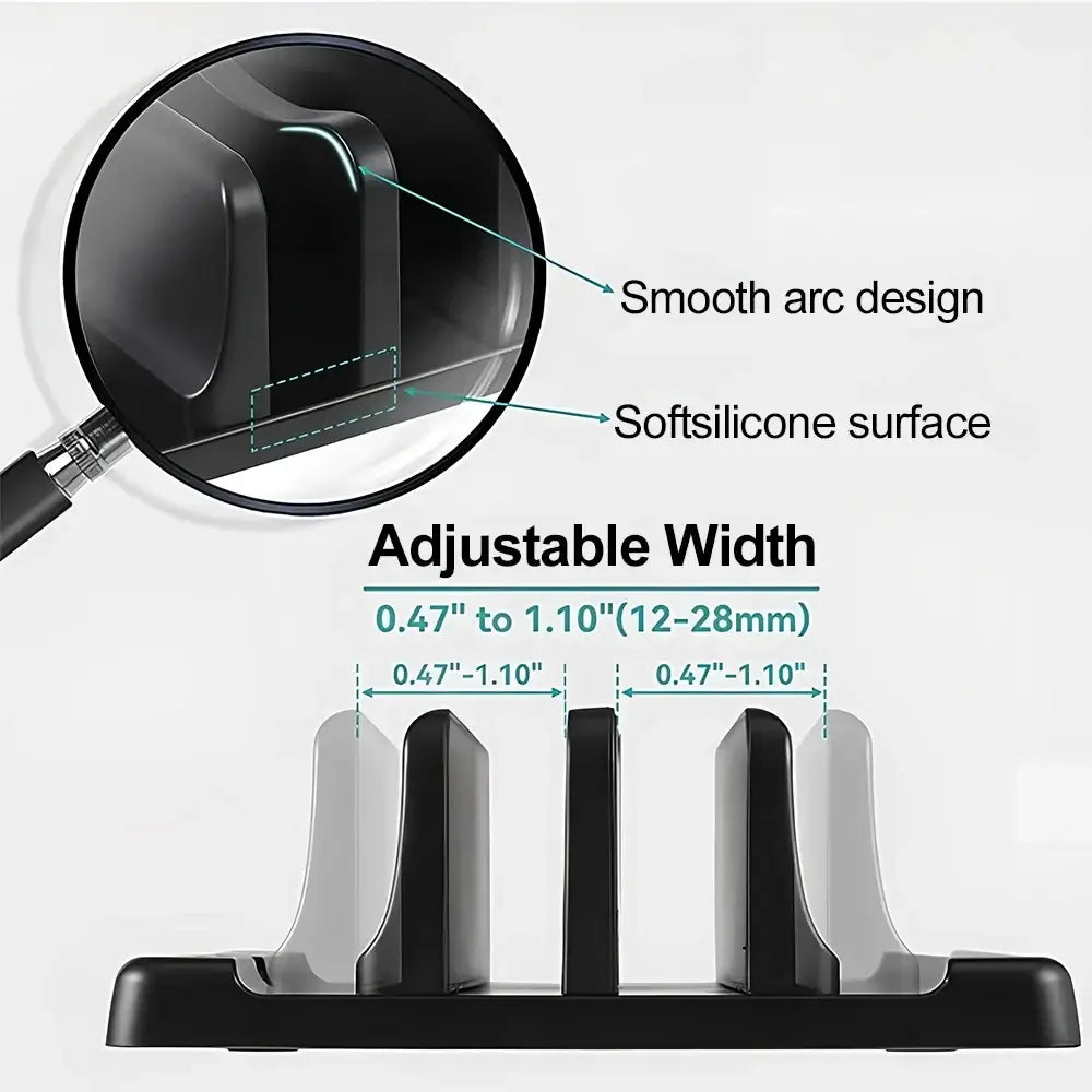 Black soft silicone vertical laptop stand with adjustable width and smooth arc design for desktop organization