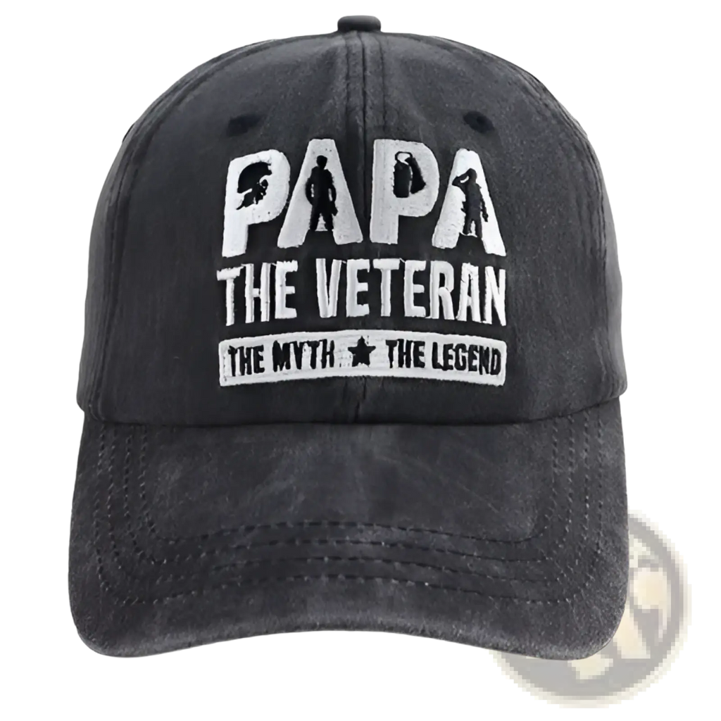 Dark gray distressed cotton veteran dad baseball cap with white embroidered papa the veteran text and soldier silhouettes