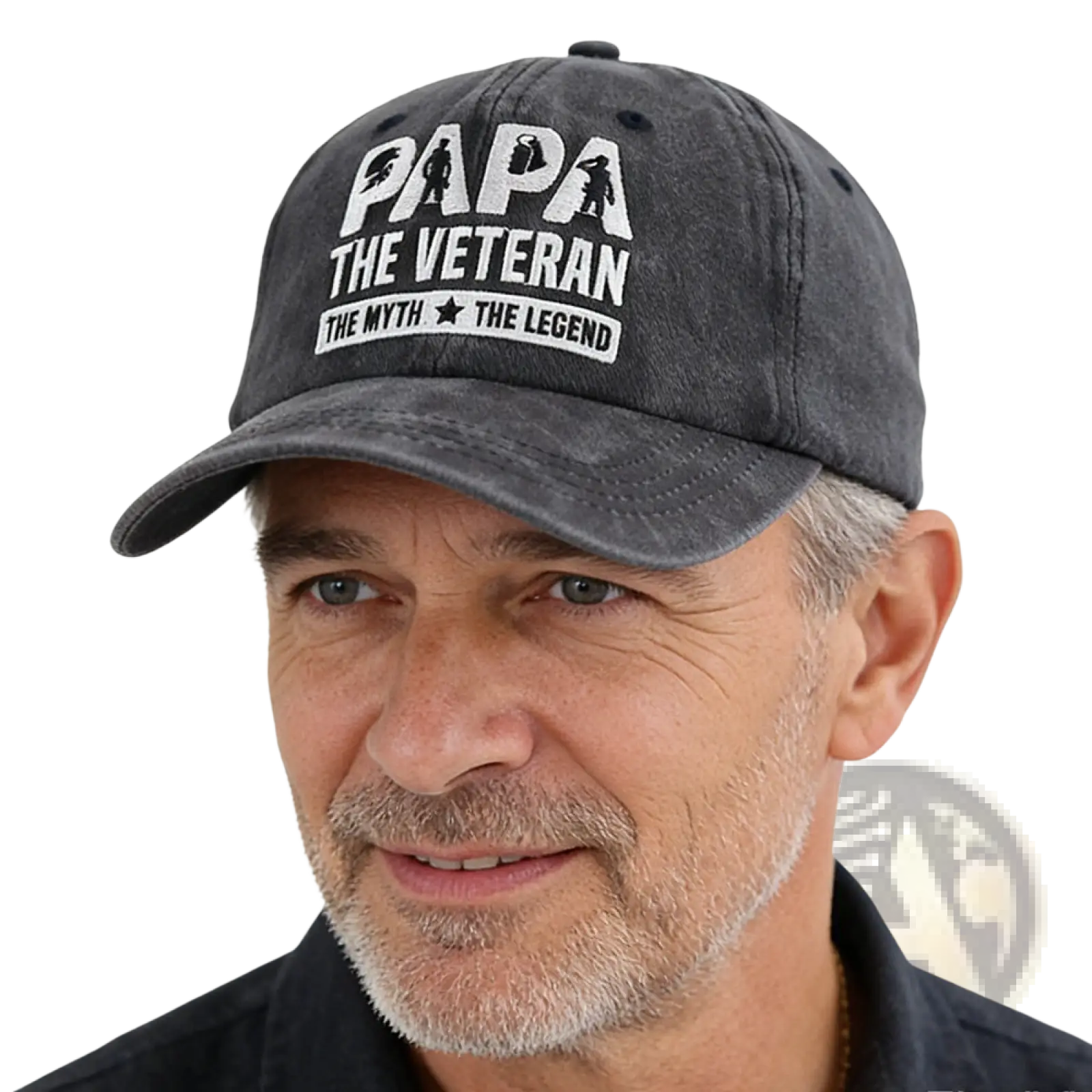 Veteran dad baseball cap dark gray distressed cotton with white embroidered papa the veteran text and soldier silhouettes