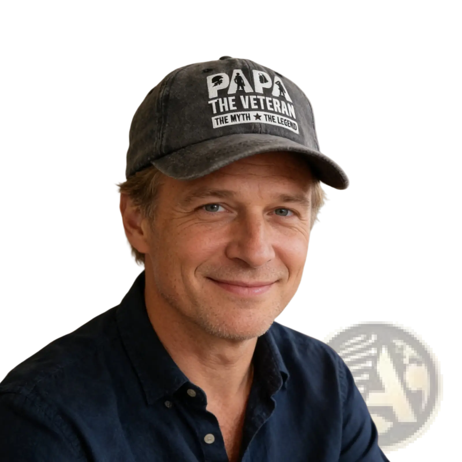 Dark gray distressed cotton veteran dad baseball cap with white embroidered text papa the veteran the myth the legend