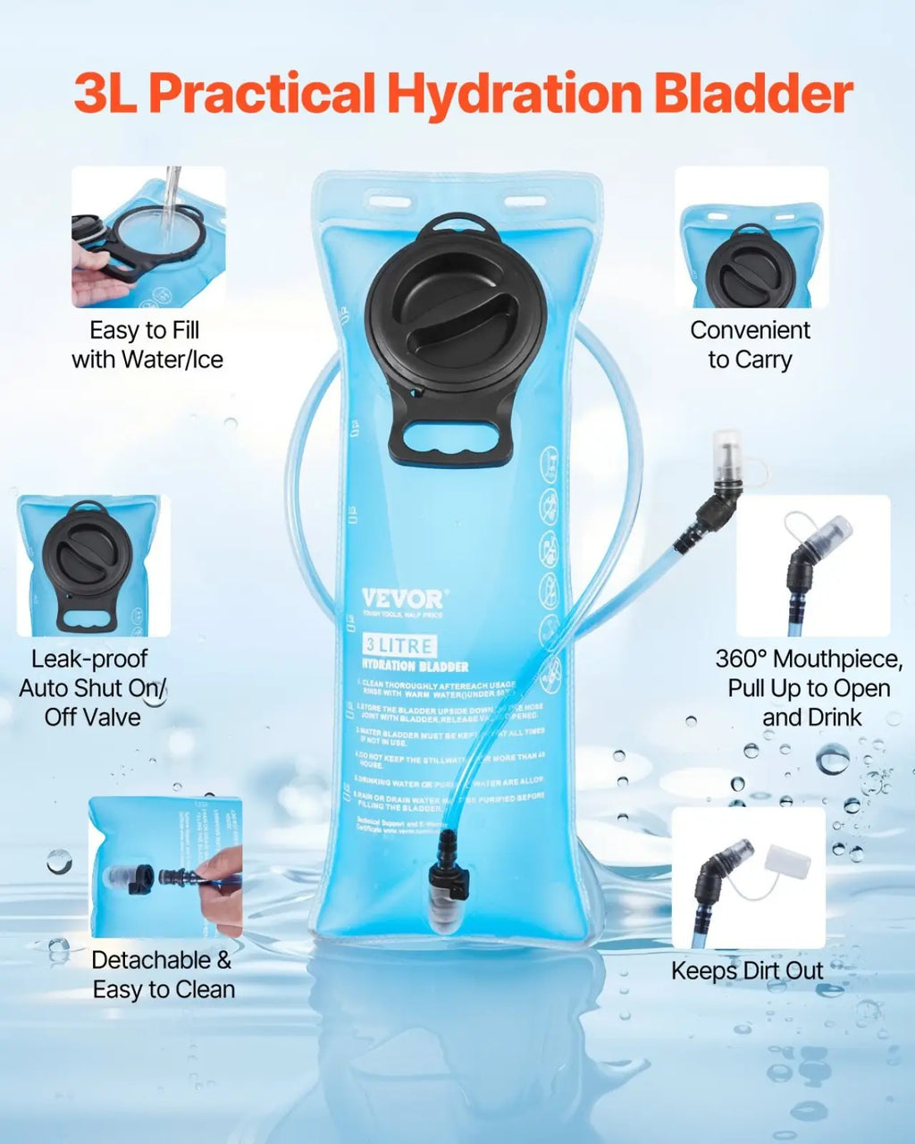 Light blue 3l Vevor hydration bladder with black cap and flexible tube for 15l insulated hydration backpack