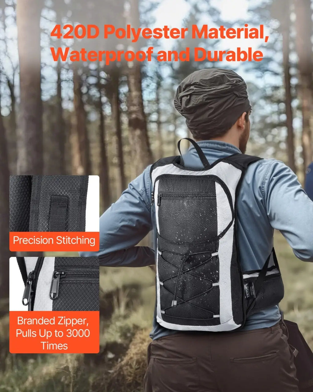 Black and white 420d polyester vevor 15l insulated hydration backpack with waterproof design and branded zipper