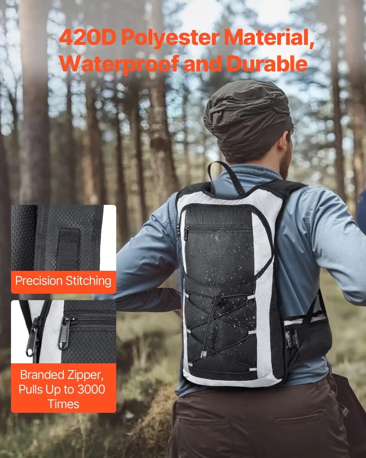 Black and white 420d polyester vevor 15l insulated hydration backpack with waterproof design and branded zipper