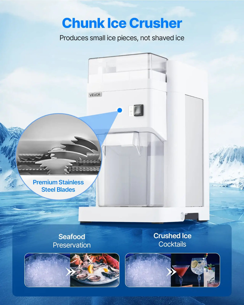 White vevor 300w commercial electric ice crusher with transparent water tank and stainless steel blades for chunk ice