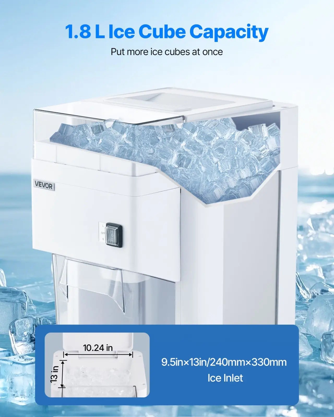 White vevor 300w commercial electric ice crusher and shaver machine with transparent top compartment filled with clear ice cubes