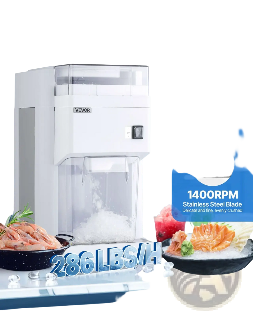 White Vevor 300w commercial electric ice crusher with transparent chambers and stainless steel blade for finely crushed ice