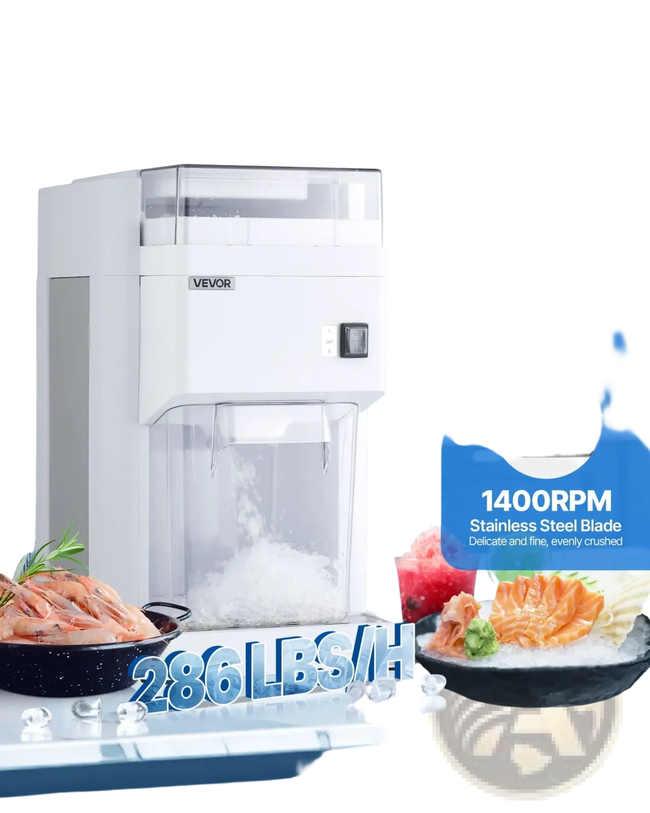 White Vevor 300w commercial electric ice crusher with transparent chambers and stainless steel blade for finely crushed ice