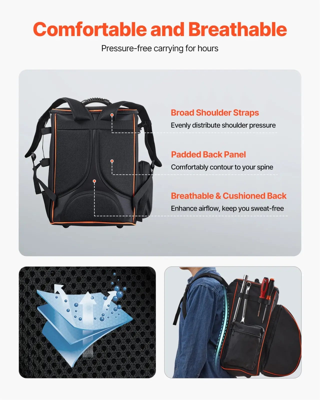 Vevor 35.6l heavy duty welding backpack with helmet catch bag in black with orange trim and padded shoulder straps shown from back