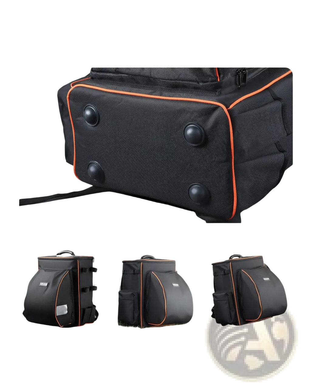 Vevor 356l heavy duty welding backpack in black with orange trim and four black anti slip pvc foot pads on bottom visible