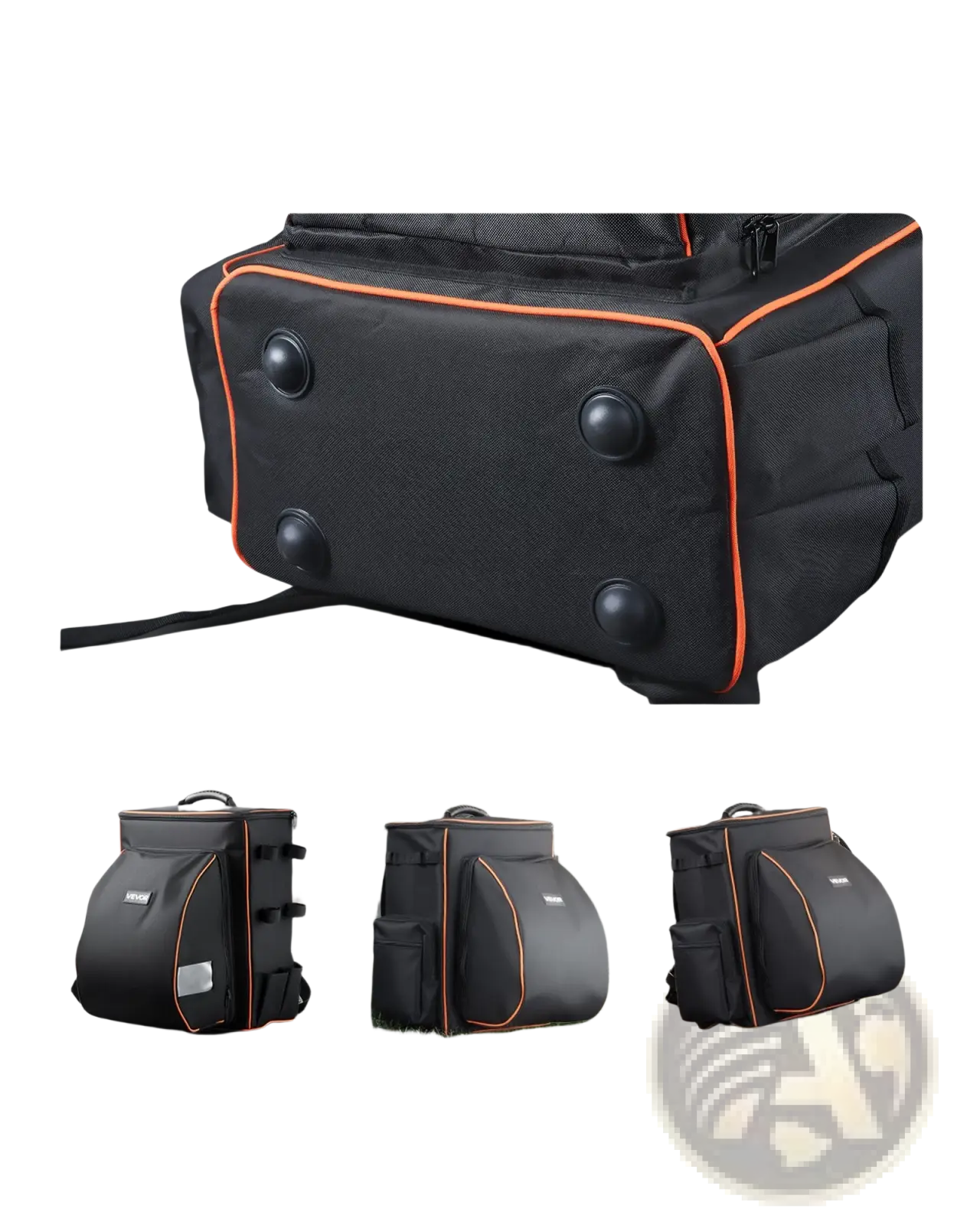 Vevor 356l heavy duty welding backpack in black with orange trim and four black anti slip pvc foot pads on bottom visible